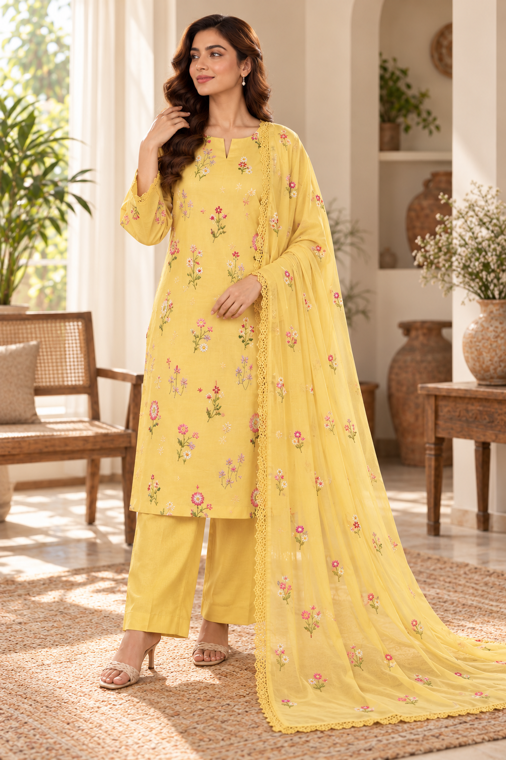 Yellow Indian Booti Dhanak embroidered 3-piece unstitched suit worn by model